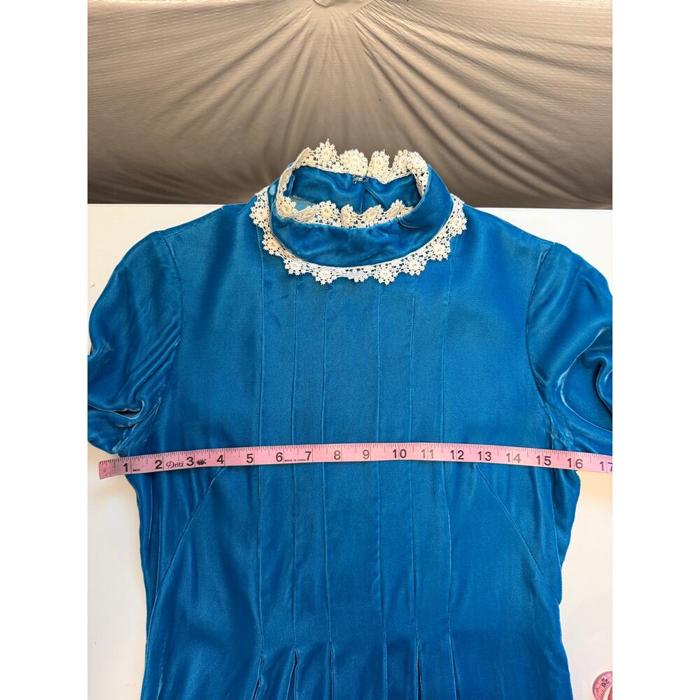 Vintage Handmade Blue Velvet Maxi Dress Lace Trim Prairie Victorian Cottagecore - Picture 12 of 16